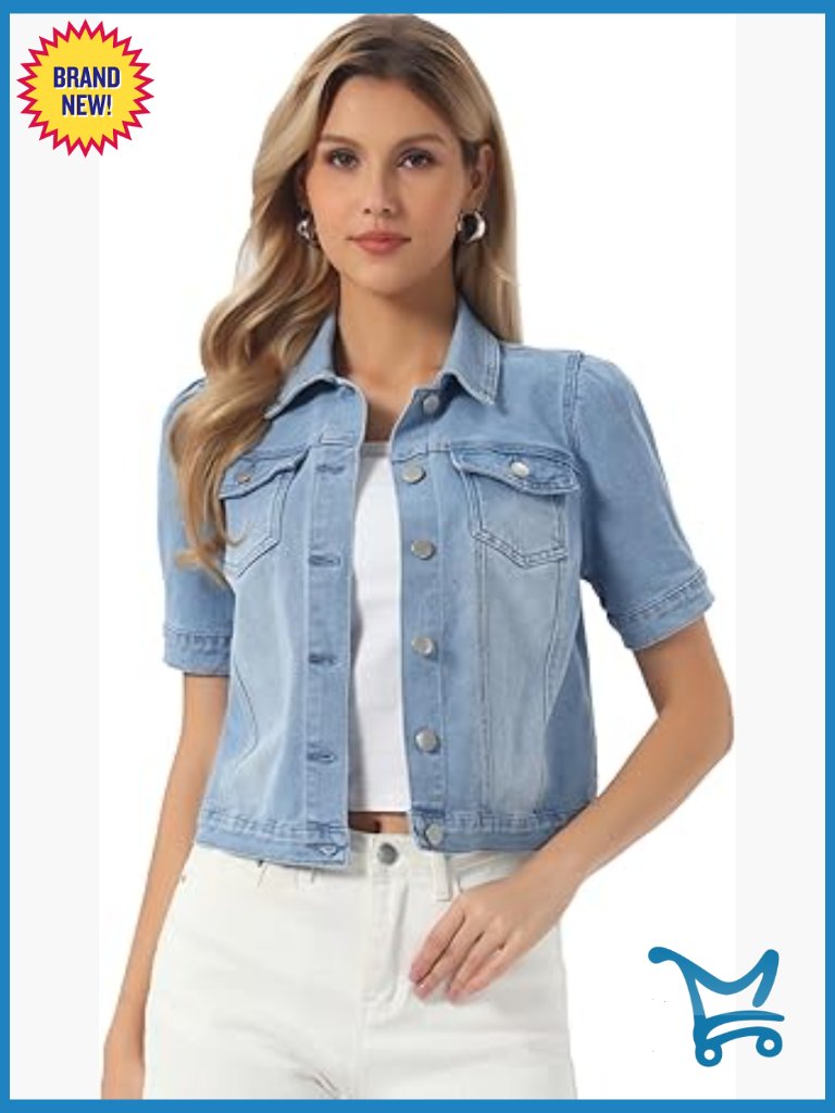 Women's Short Puff Sleeve Button-Down Denim Jacket